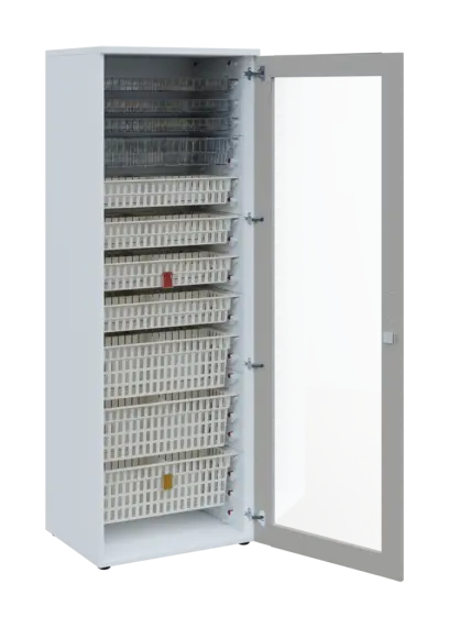 EUROMEDICA S - 66 skříň léková boxová, 1-dveřová/prosklená, pravá, 1950x660x535, korpus bílý, dvířka šedá